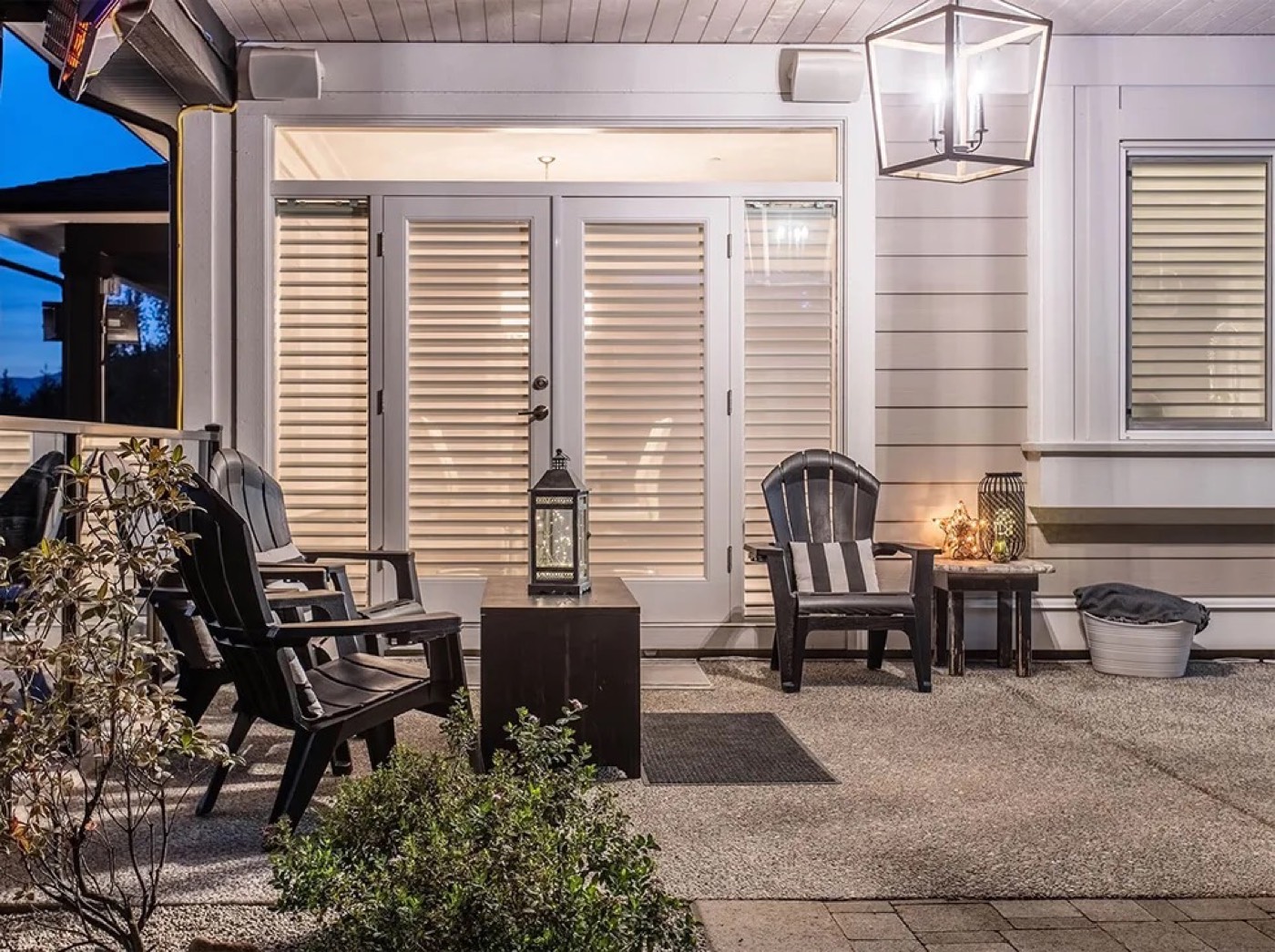 Evening lighting across a patio